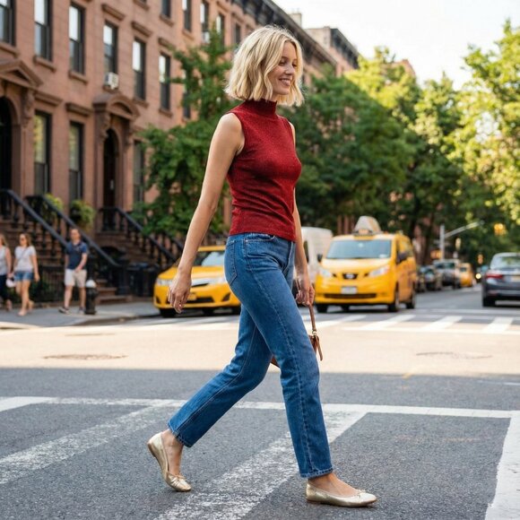 Red Sleeveless Turtleneck Jersey Top Metallic Shimmer - Picture 3 of 8
